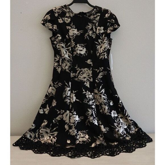 Donna Ricco Women's Sz 2 Black/Gold Tulip Sleeve Lace Hem Fit & Flare Dress - Picture 1 of 12